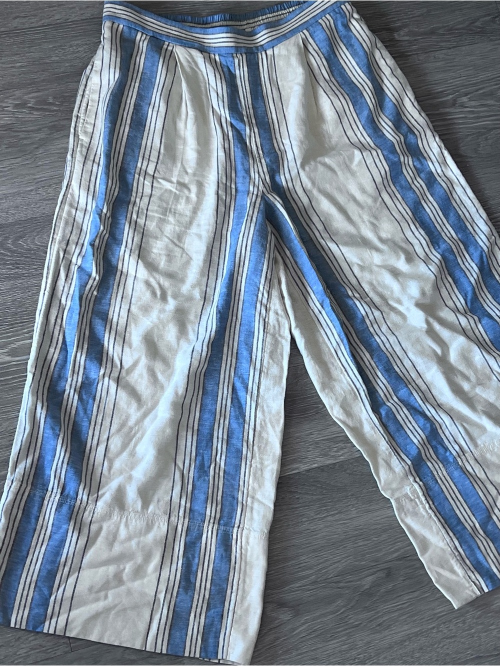 Blue and White Striped Linen-Blend Pants